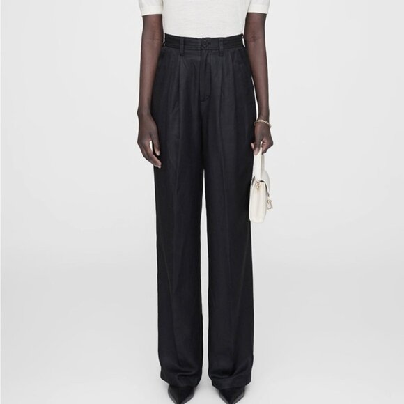 Anine Bing Carrie Pant Lightweight Linen Blend Black Wide-Leg Trousers Size 2 - Picture 1 of 11